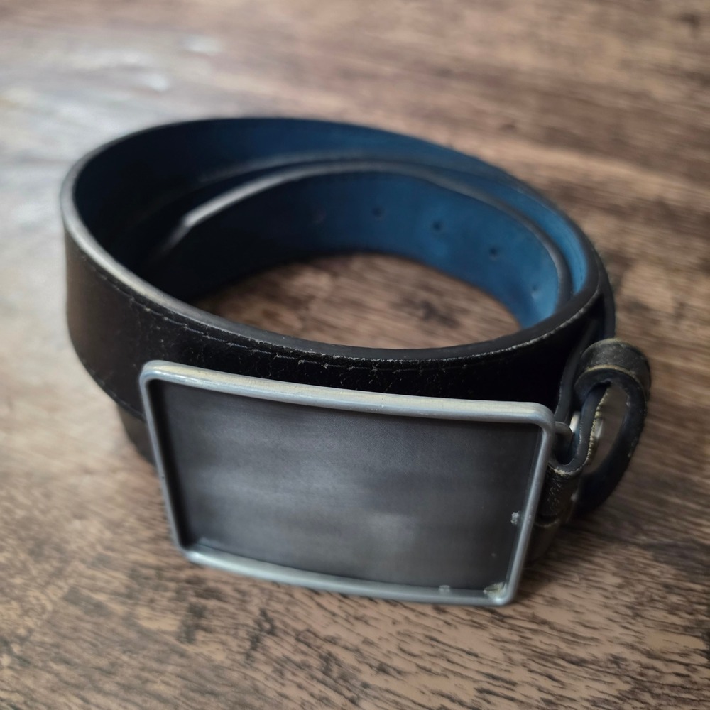 BUCKLE RAGE Belt Mens XL Black Genuine Italian Leather Large Plaque Buckle 39-42